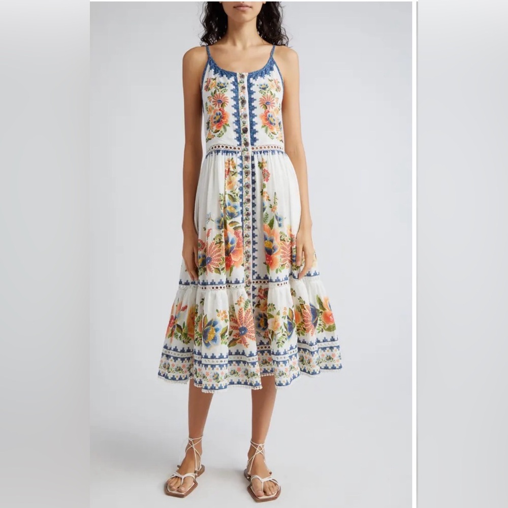 FARM Rio White Midi Dress with Blue Trim & Multicolor Floral Embroidery